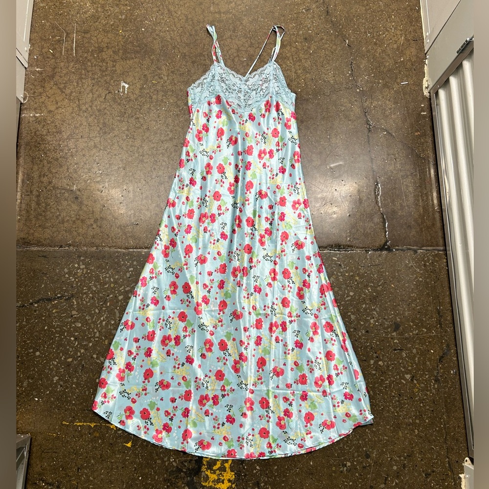 Floral Satin Nightgown with Lace Trim